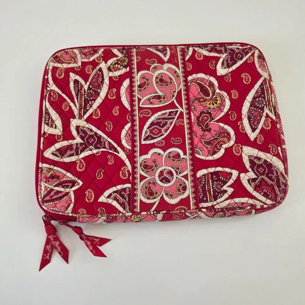Vera Bradley Laptop Sleeve Quilted Paisley Case Pink Red Zip Closure